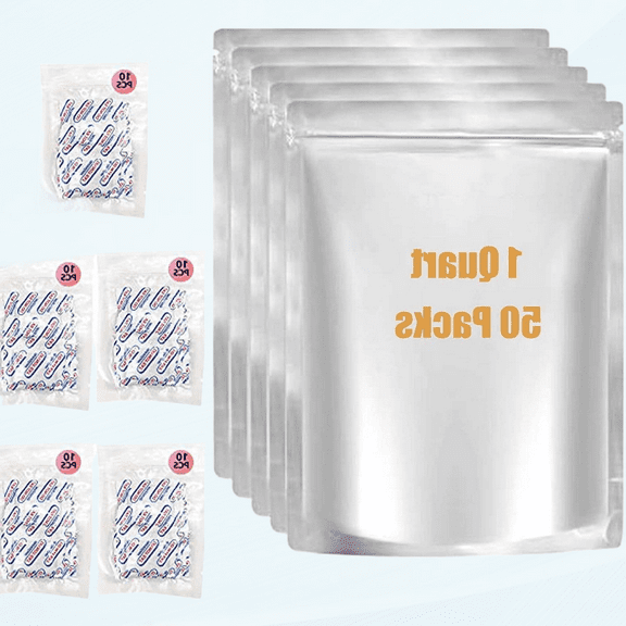 50 pcs 1 Qt Mylar Bags with Oxygen Absorbers 300 cc (10 * 5 packs) Mylar Bags for Food Storage 6 "x 8.5" Zipper Mylar Bags for Long Term Food Storage