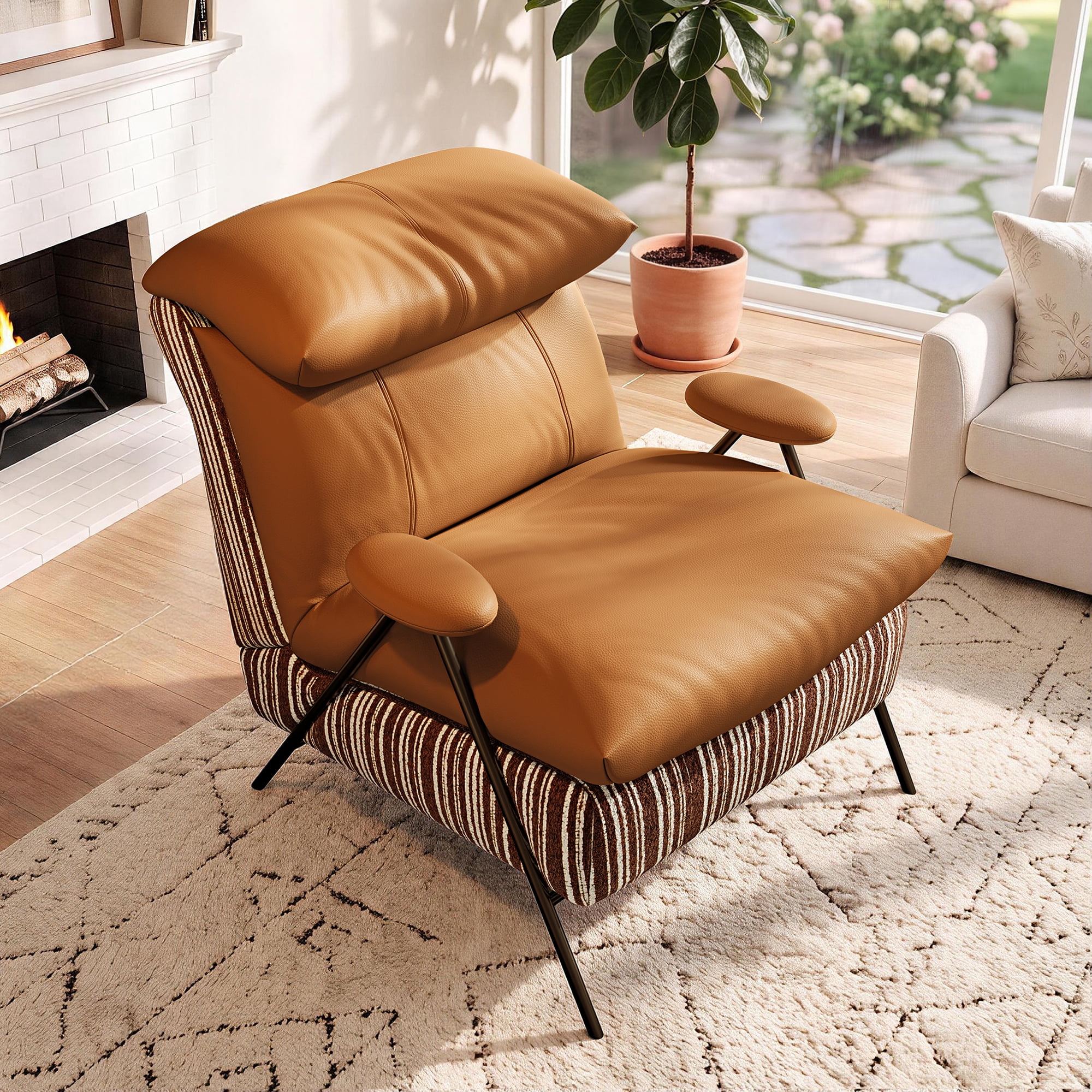 Aukfa PU Accent Chair, Modern Upholstered Armchair with Thick Padded Seat and Back for Living Room & Bedroom, Brown