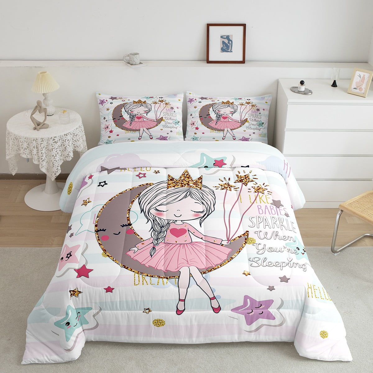 Girls Comforter Set Cartoon Moon and Stars Bedding Set for Kids Cute Ballet Princess Quilt Set Pink Blue Stripe Duvet Set Pastel Bedding Gold Sequin Decorative Comforter with 2 Pillowcase Queen