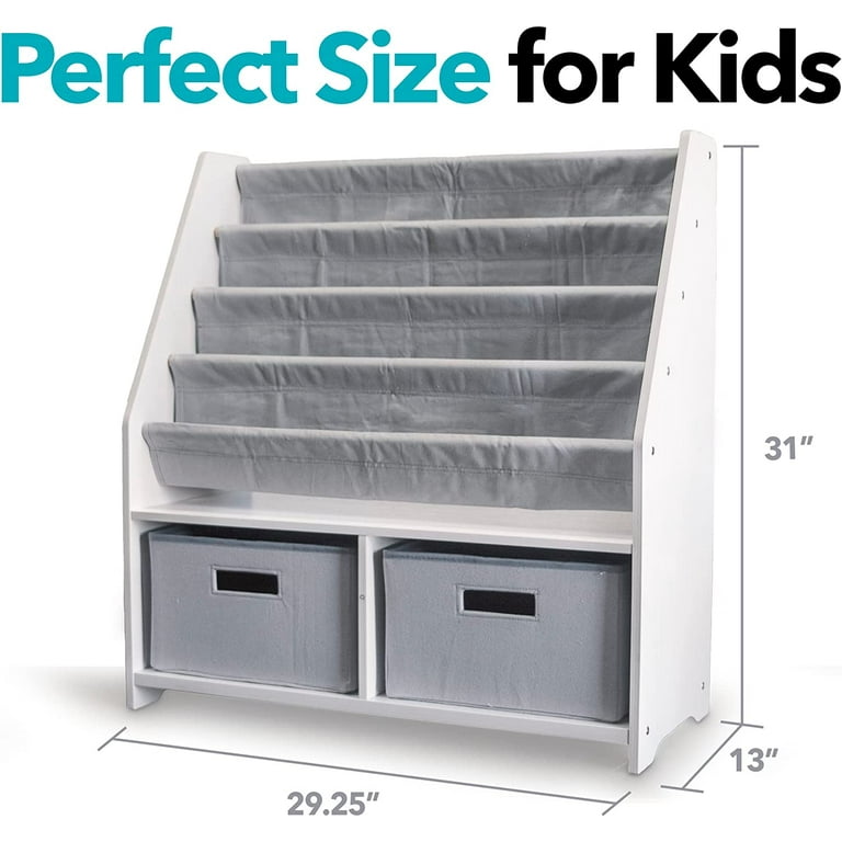 WonkaWoo Kids Sling Bookshelf Wooden Book Rack Canvas Slings and 2 Storage Toys Organizer White Bookshelf with Grey Slings