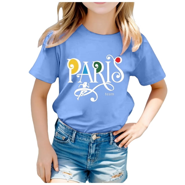 OJinShaWanO Compression Shirts Girls 2025 Enfants Thème France Mode Partie Imprimée Manches Courtes Col Rond T-Shirt Hauts Bleu Clair 12-13 Ans