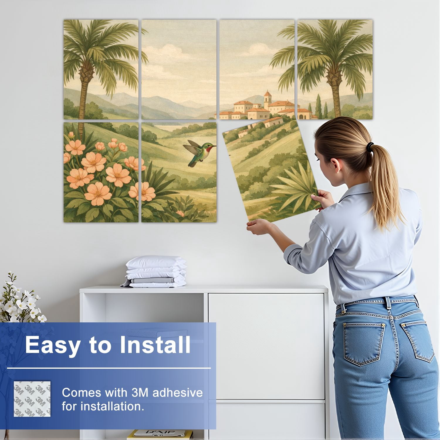 8 Pack Art Acoustic Panels Tropical Landscape Palm Trees Mountains Self Adhesive Absorbing Dampening Panels Self Adhesive for Nursery Game Room Bedroom 48"x32"