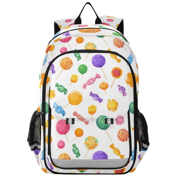 School Backpack for Teens 17L Lightweight Bookbag with Reflective Strips Cartoon Candy Pattern