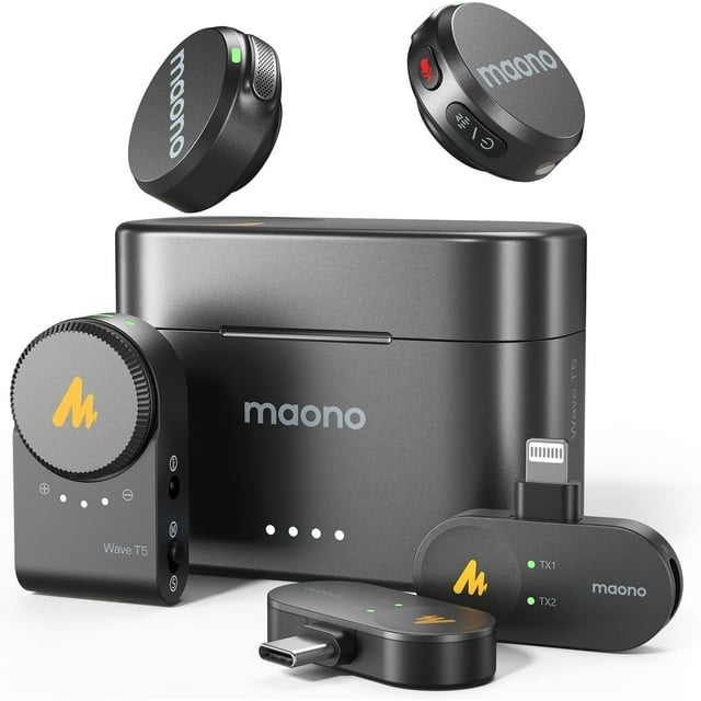 MAONO Wave T5 Combo (2TX+3RX+Estuche de Carga) Microfono Inalambrico, Micrófono De Solapa Inalámbrico para Cámara iPhone Android PC, 48 KHz 24 bits, Cancelación de Ruido, para Grabar Videos Podcast