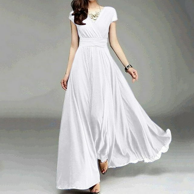 DEELLEEO Clearance Womens V-Neck Solid Color Short Sleeve Chiffon Waist Closing Evening Dress