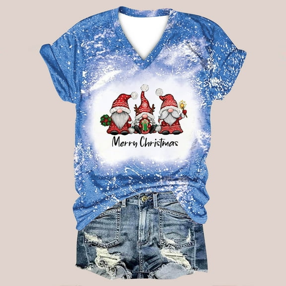 jsaierl Christmas Shirts for Women Short Sleeve Gnomes Graphic Tops V Neck T Shirt Bleached Cute Tees Blouse Top Christmas Gifts for Women
