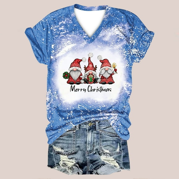 Women Tops Christmas Fashion Woman Causal V-Neck Printing Blouse Short Sleeve T-Shirt Tops Women Blouses Elegant Casual on Clearance