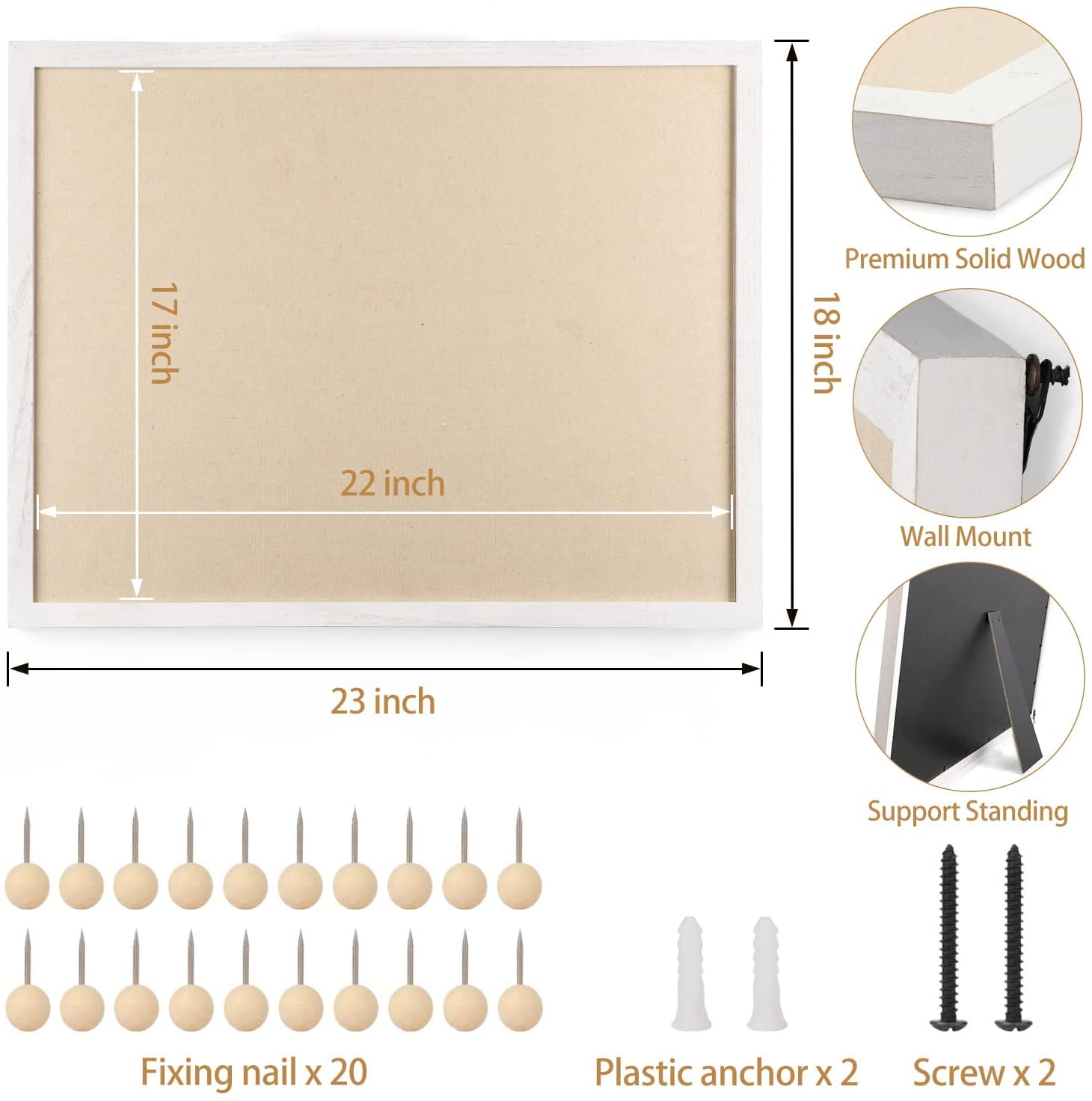 Sfugno Large Bulletin Board 23x18 inch with Linen Wood Boards Wall Decor Hanging Pin Wood Framed Display Bulletin Cork Photo Picture Board Light for Room School Office,White