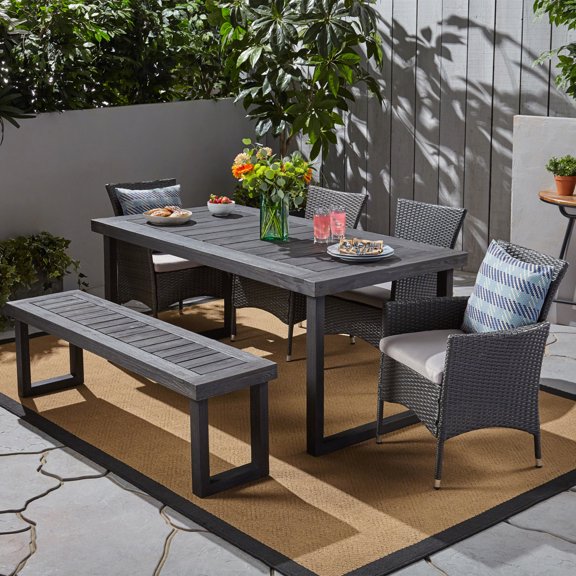 GDF Studio Nestor Outdoor Acacia Wood and Wicker 6 Piece Dining Set with Bench, Sandblasted Dark Gray, Gray, and Light Gray