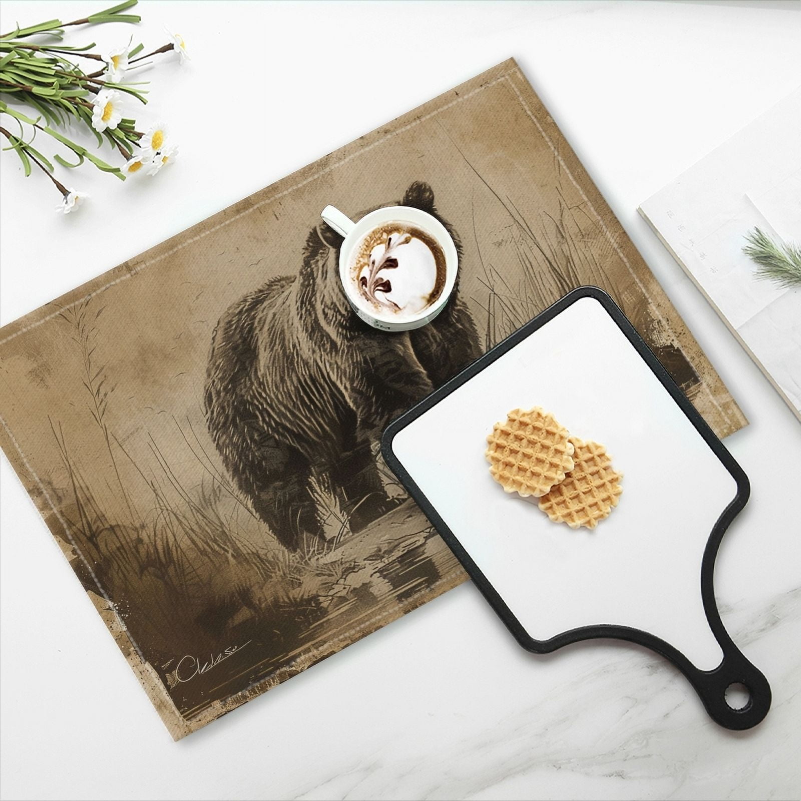 BaHomeck placemats Set of 4 Vintage Illustration Of Old Grizzly Bear Standing In The Water Cotton Linen rectangle Placemats for Kitchen Dining Table Indoor,Outdoor,18*12inch