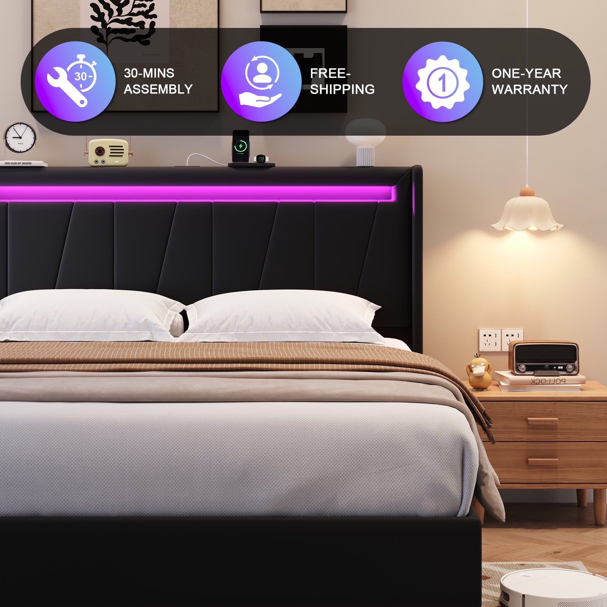 Amolife King Size Bed Frame with Charging Station & LED Light, Velvet Upholstered Platform Bed with Geometric Wingback Headboard, Black