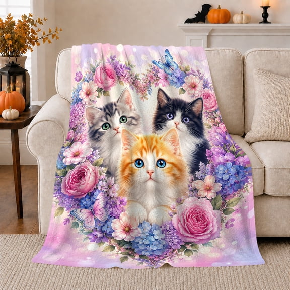 Floral Cat Art Realistic Cats Butterflies, Cozy Pet Portrait Pattern, Warm Flannel Blanket for Living Room and Bedroom, Cat Lovers Just Because Gift, Pet Lover Home Decor