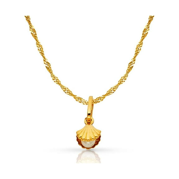 14K Yellow Gold Clam Shell with Fresh Water Cultured Pearl Charm Pendant with 0.9mm Singapore Chain Necklace
