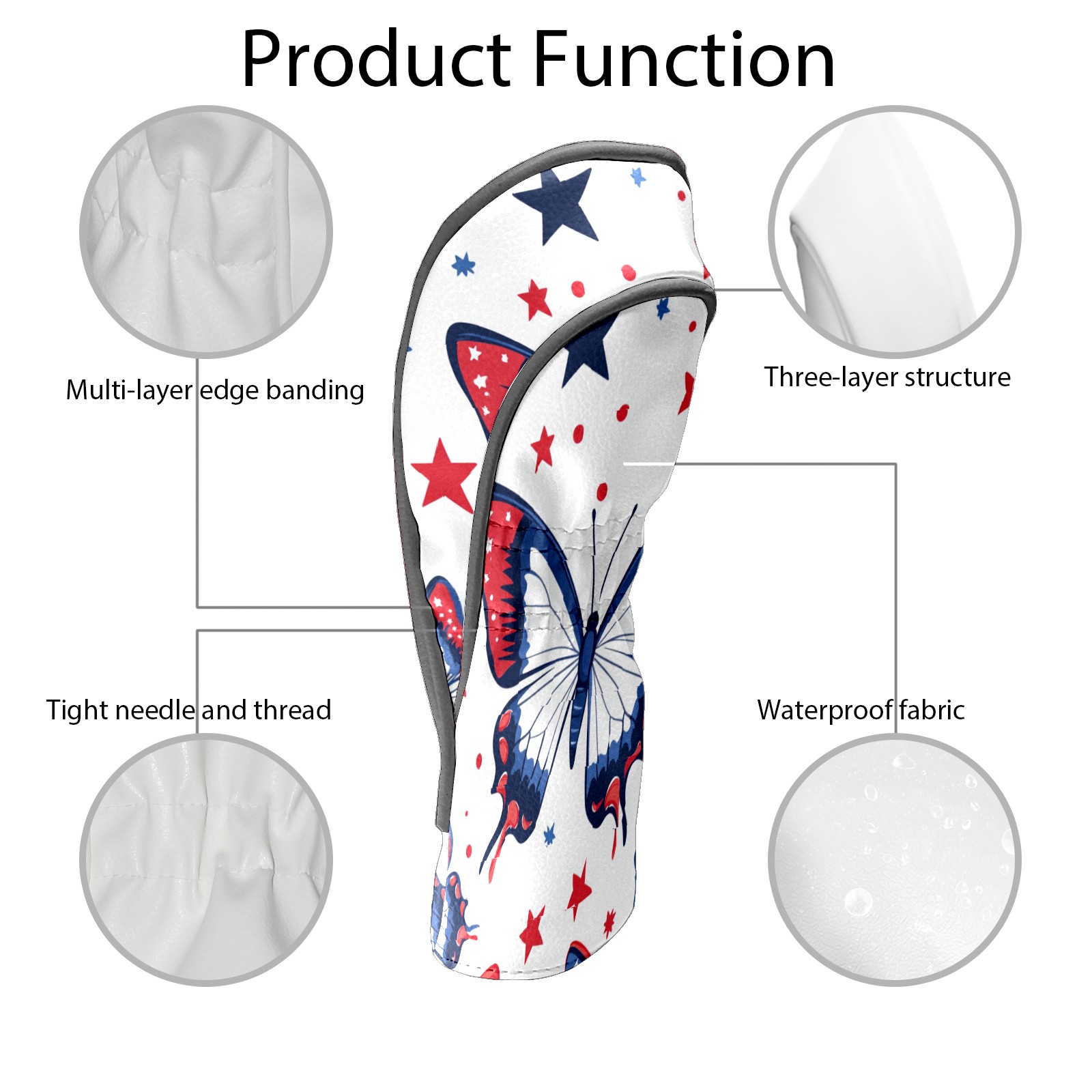 Golf Club Covers PU Leather Waterproof Head Covers for Fairway Woods Hybrids Red Blue Butterfly