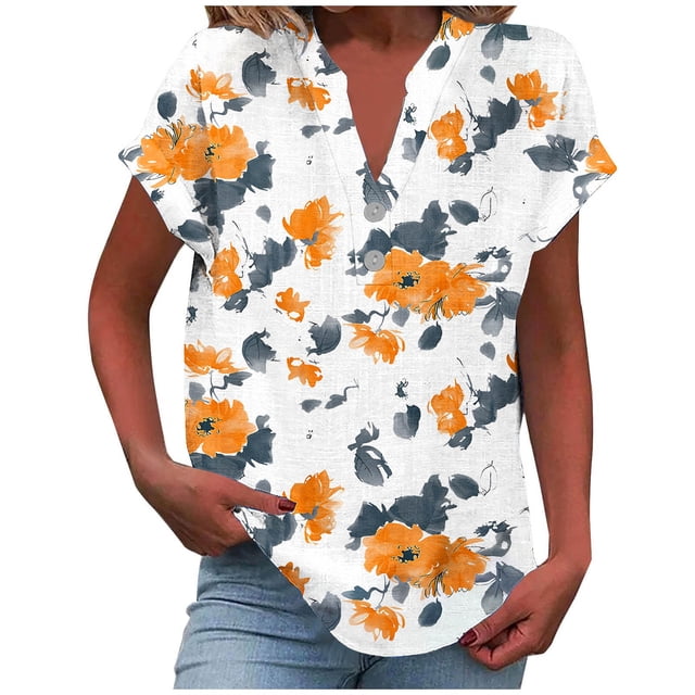 Camisetas de Manga Corta para las Mujeres Casual Impreso Botón Casa V-Cuello Camiseta Blusas, Poliéster
