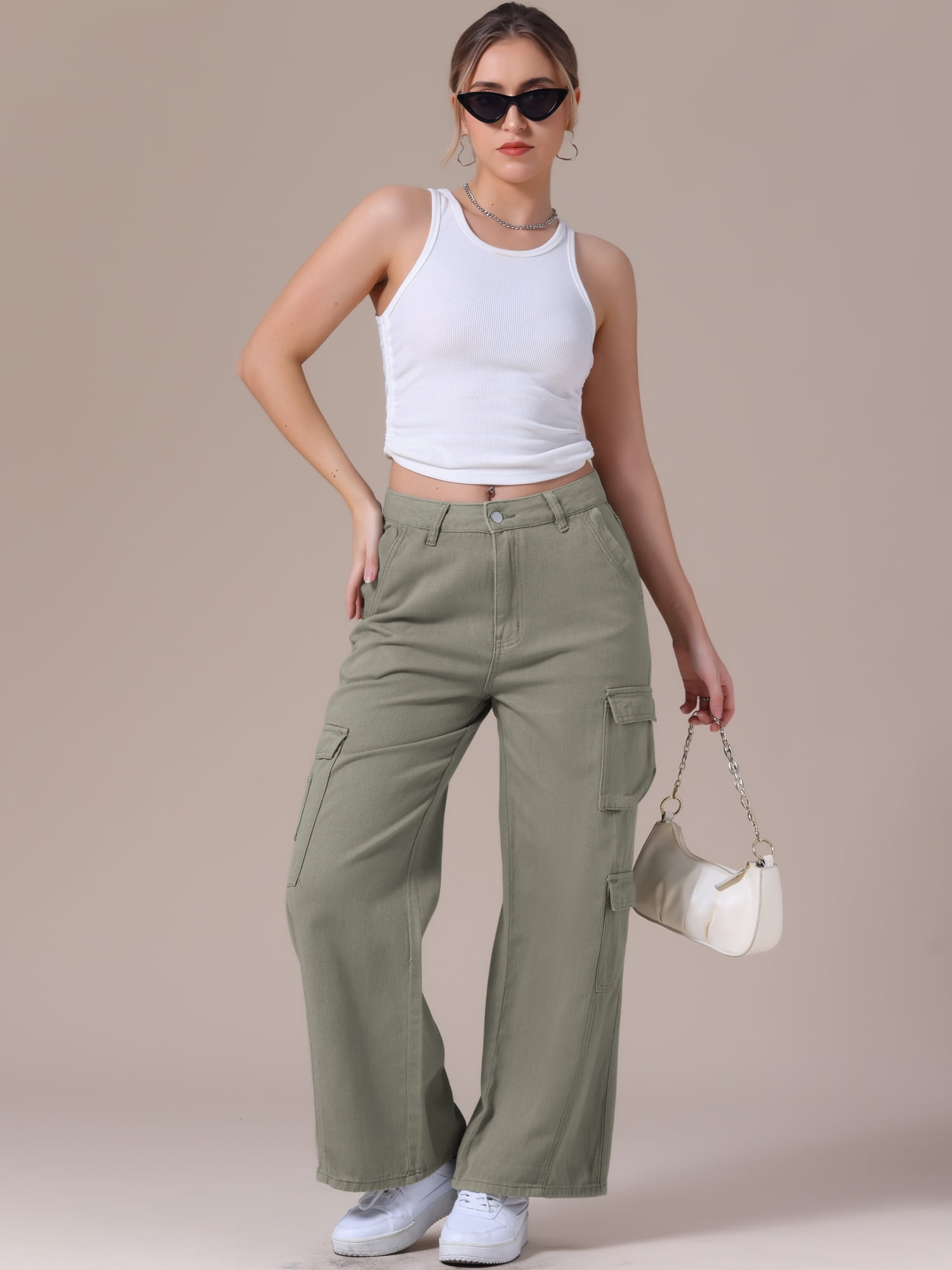 DARING DIVA Women's Baggy Jeans Multi-Pocket Cargo Denim Pants M Green