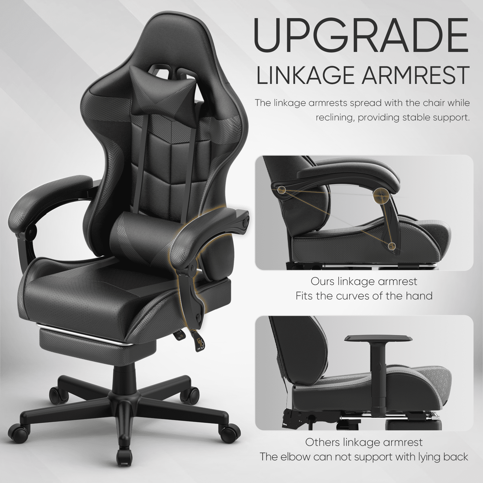 Huracan Gaming Chair with Footrest, Adjustable Height Computer Office Chair with Massage Lumbar Pillow&Headrest, Ergonomic High Back Leather Gamer Game Desk Chair for Adults,Black