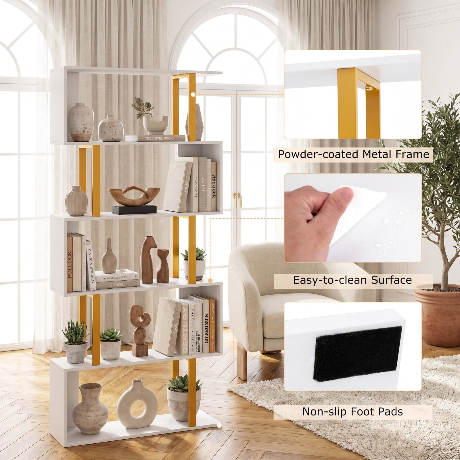 Furnibear 5-Tier/6-Tier Geometric Bookcase with Metal Frame and Anti-tipping Kits-5 Tier for Living Room Home Office Bedroom Display Storage, White