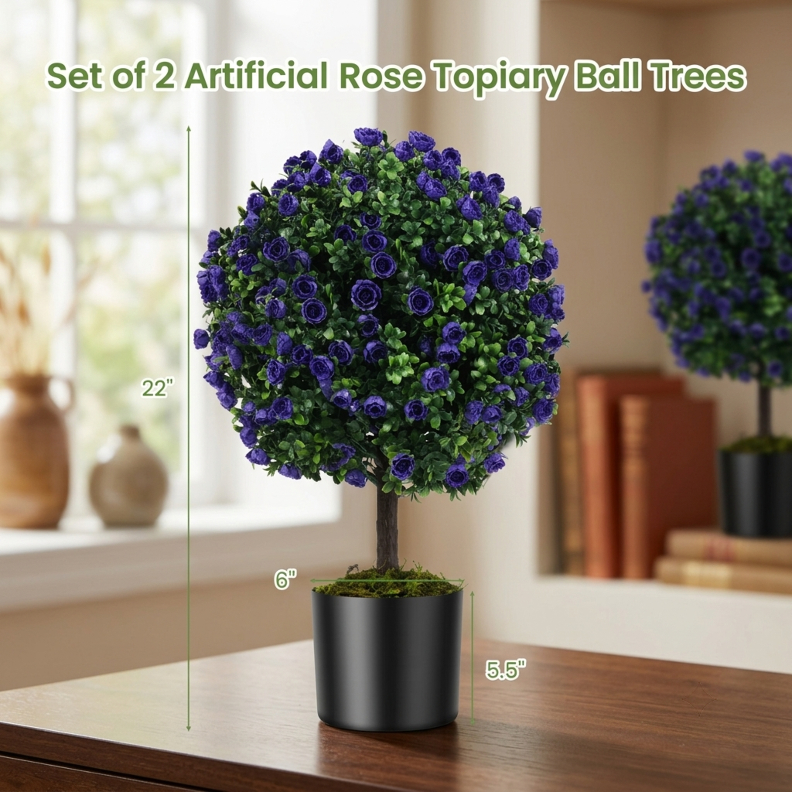 Vebreda Artificial Plant Decor, 22 Inch Set of 2 Artificial Purple Rose Topiary Ball Trees with Cement-Filled Pot, Lifelike Design