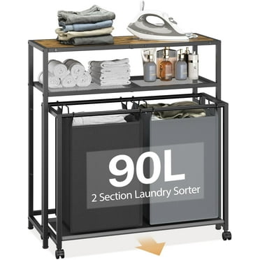 2 Section Rolling Laundry Hamper Sorter Basket Organizer Cart with Wheels, 90L Large Capacity with Double Shelf and Removable Bags, Sorted Dirty Clothes Bin for Laundry Room, Bathroom, Bedroom