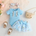 thumbnail image 2 of Suealasg Baby Girls 3Pcs Summer Outfits Set Short Sleeve Romper +Floral Print Tulle Skirt + Headband Set 3 6 9 12 18 24 Months Infant Girl Skirt Set, 2 of 9