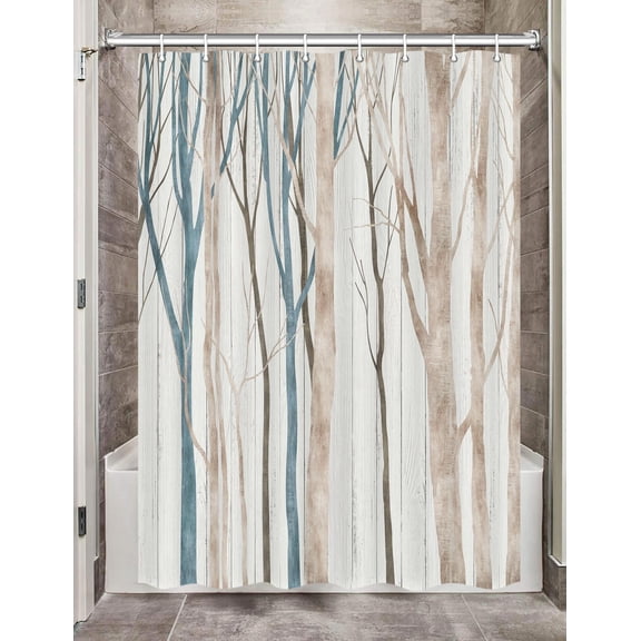 Blue Brown Birch Tree Camper RV Shower Curtain for Travel Trailer Bathroom, Farmhouse Camping Small Narrow Shorter Fabric Shower Curtains Set, Happy Camp Outdoor Decor Accessories with Hooks 47X64
