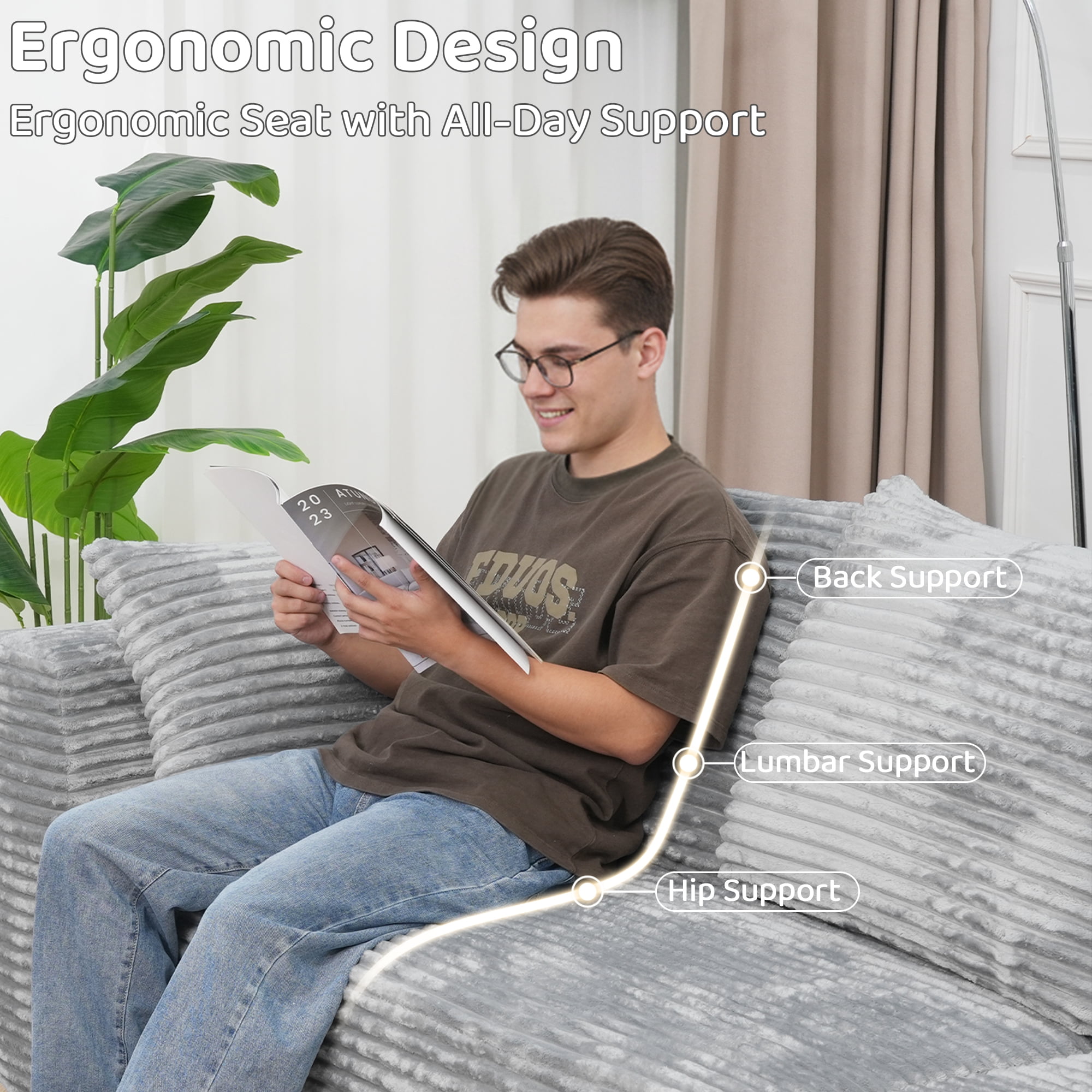 104.4" Modern L-Shaped Sectional Sofa for Living Room Bedroom, Modular Cloud Sectional Couch with Deep Seating Upholstered Sofa, Free Combination Sofa, Corduroy Upholstery, No Assembly, Gray Couch