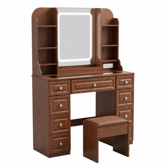 PYY LED Vanity Desk with Mirror & Lights, 9-Drawer Dressing Table with Power Outlet, Ample Storage - Walnut Finish