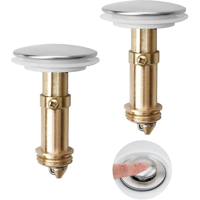 Tapón de desagüe emergente con botón pulsador (paquete de 2), 35 mm, filtro de drenaje con núcleo de rebote a presión, tapón de lavabo de latón pulido cromado, clic C