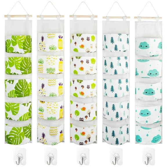 WSNIJFU 5Pcs Colourful Patterned Wall Mounted Organiser with 5 Pockets Multi-Functional Organiser for Bedroom, Bathroom, Kitchen, Study, Home