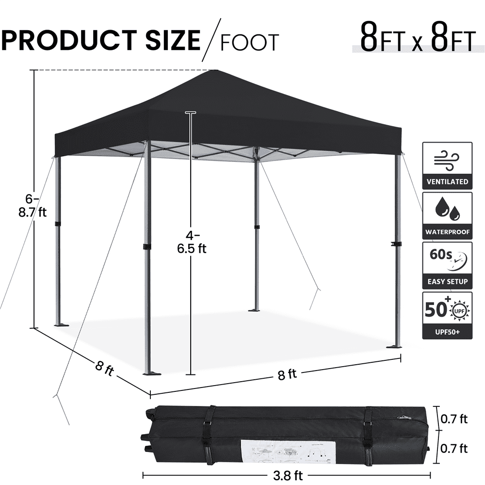 Renwick 8x8 Ft Instant Pop Up Canopy with One Push To Lock Setup Mechanism, Black