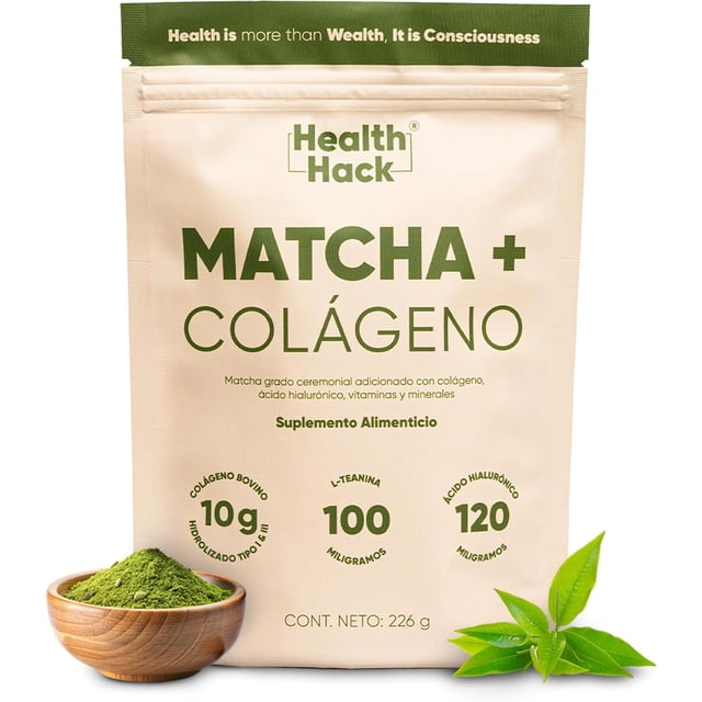 Matcha Grado Ceremonial + Colágeno en Polvo | Con Colágeno Bovino Hidrolizado Tipo I y III | Con Ácido Hialurónico, L-Teanina, Vitamina C y Zinc | Suplemento Alimenticio | Health Hack