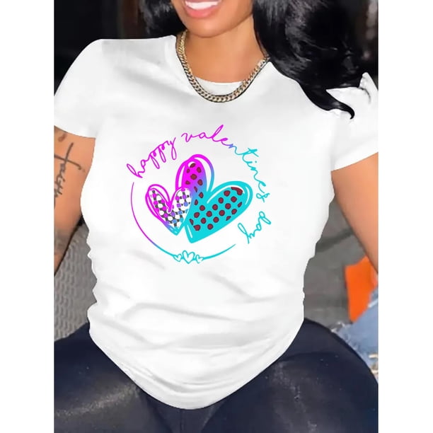 1pc Women'S Fashion Gradient Heart Print T-Shirt, Casual Crew Neck Short Sleeve Top, Polyester Knit Fabric with Medium Stretch, All-Season Comfort Fit Tee
