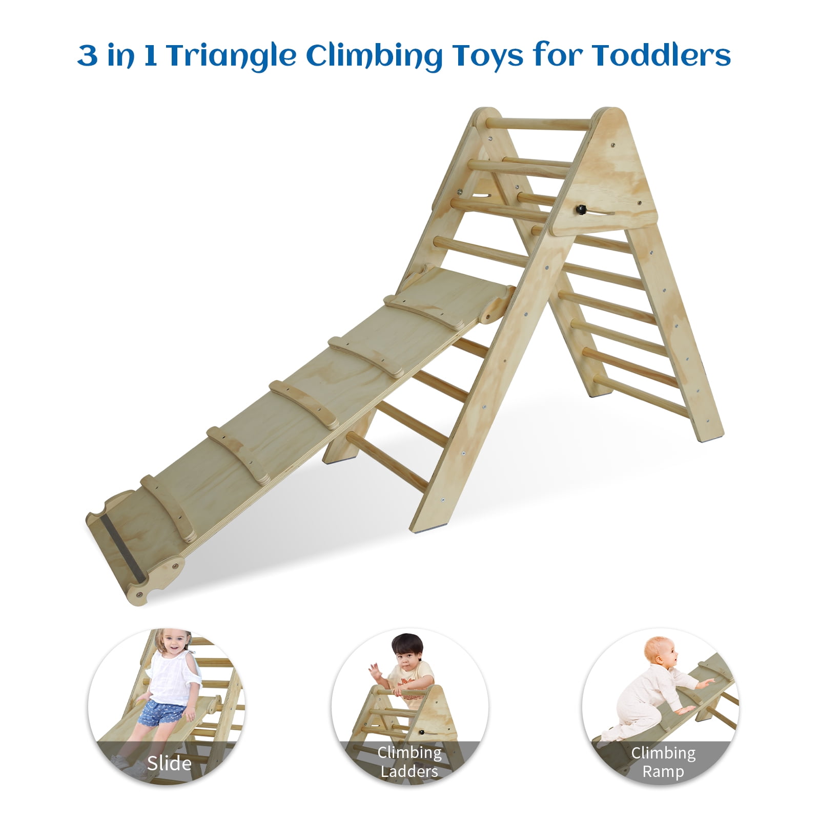 Natural Wood Pikler Triangle Ladder with Ramp & Slide, Foldable 2-in-1 Wooden Climbing Play Gym, Montessori Climber for Toddlers Kids Ages 1-7