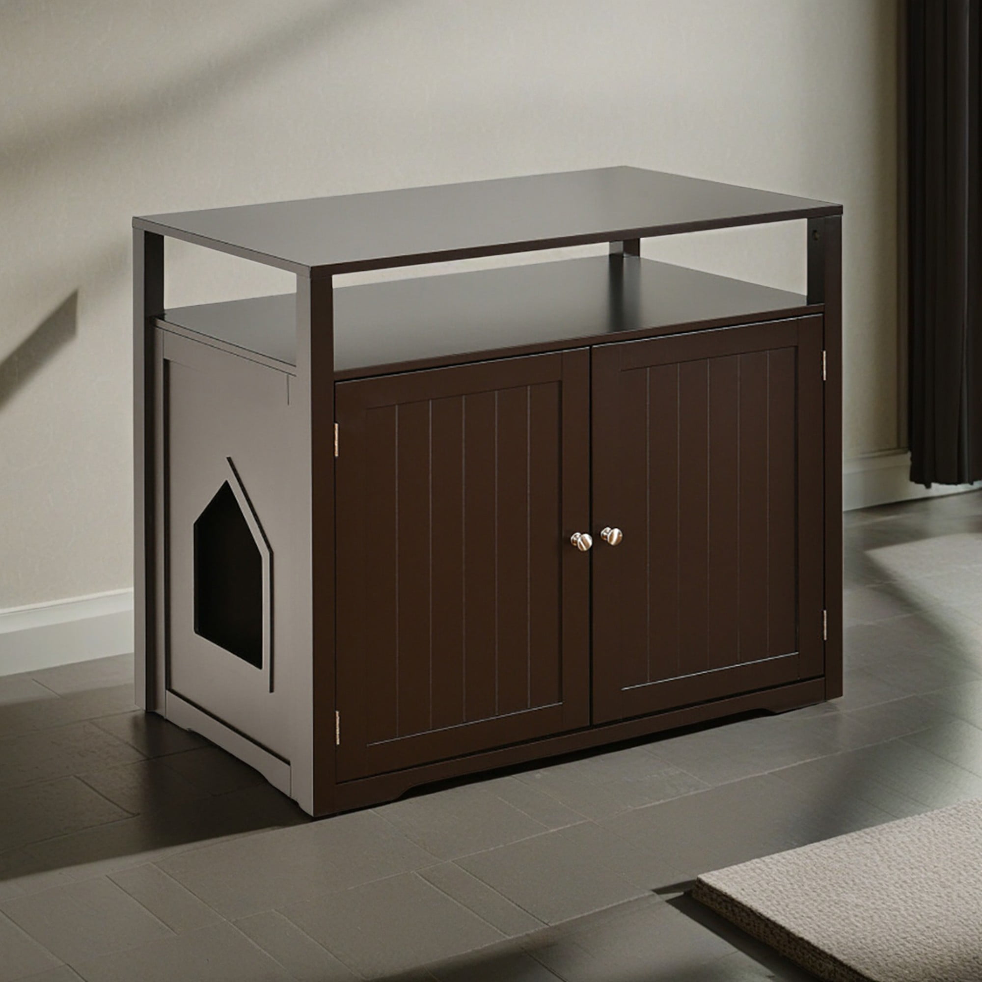 Kadyn 31" Wooden Hidden Cat Litter Box Enclosure Furniture, Cat Washroom with Storage Layer, Cat House for Large Cats, Brown