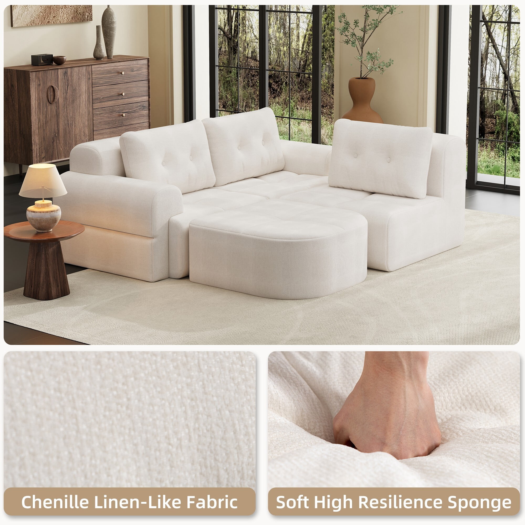 DEALTOPS 112" Modular Sectional Sofa with Ottoman, Full-Foam 3-Seat Convertible Chenille Cloud Couch, Beige