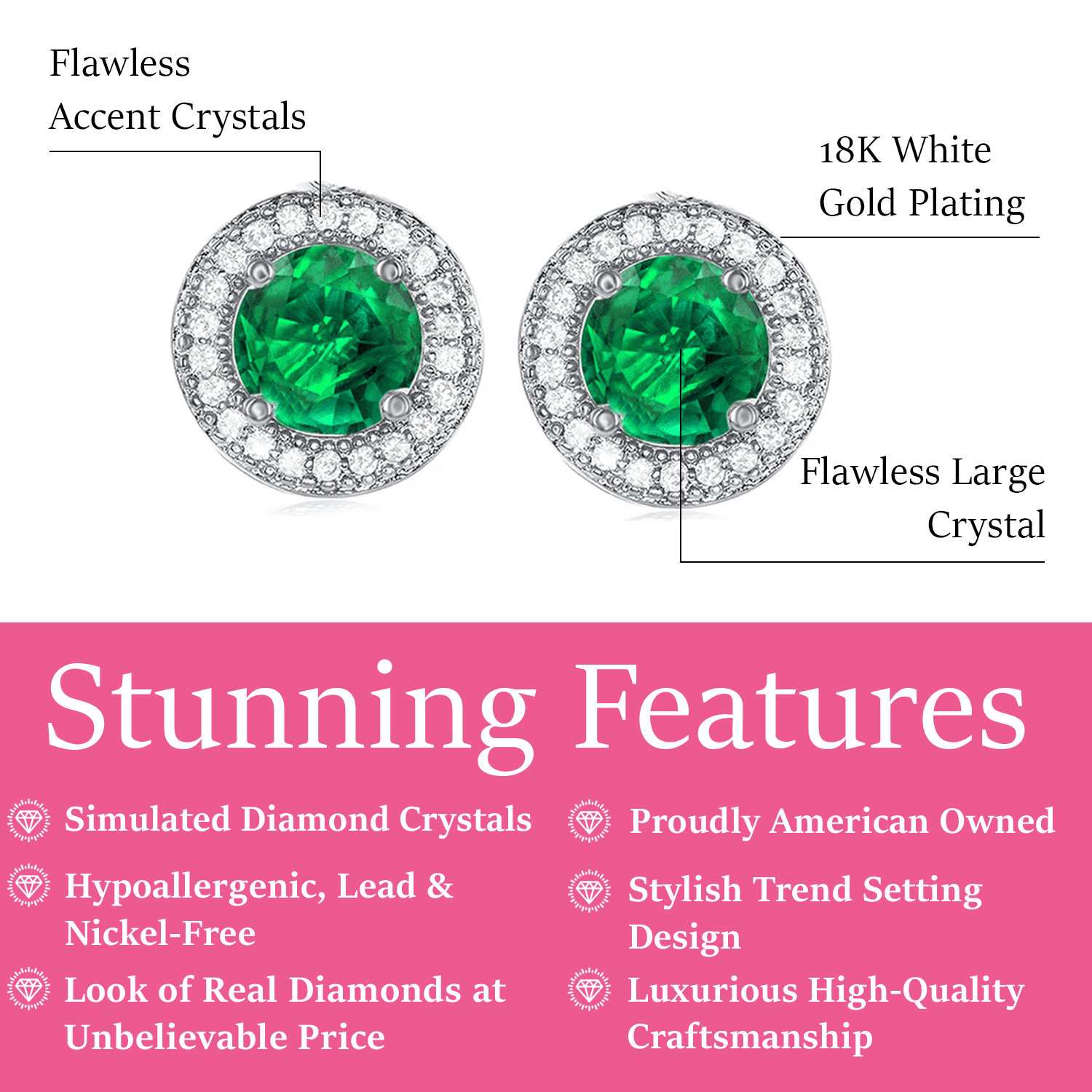 Cate & Chloe Gwendolyn 18k White Gold Plated Stud Earrings with Emerald Simulated Diamond Crystals for Women