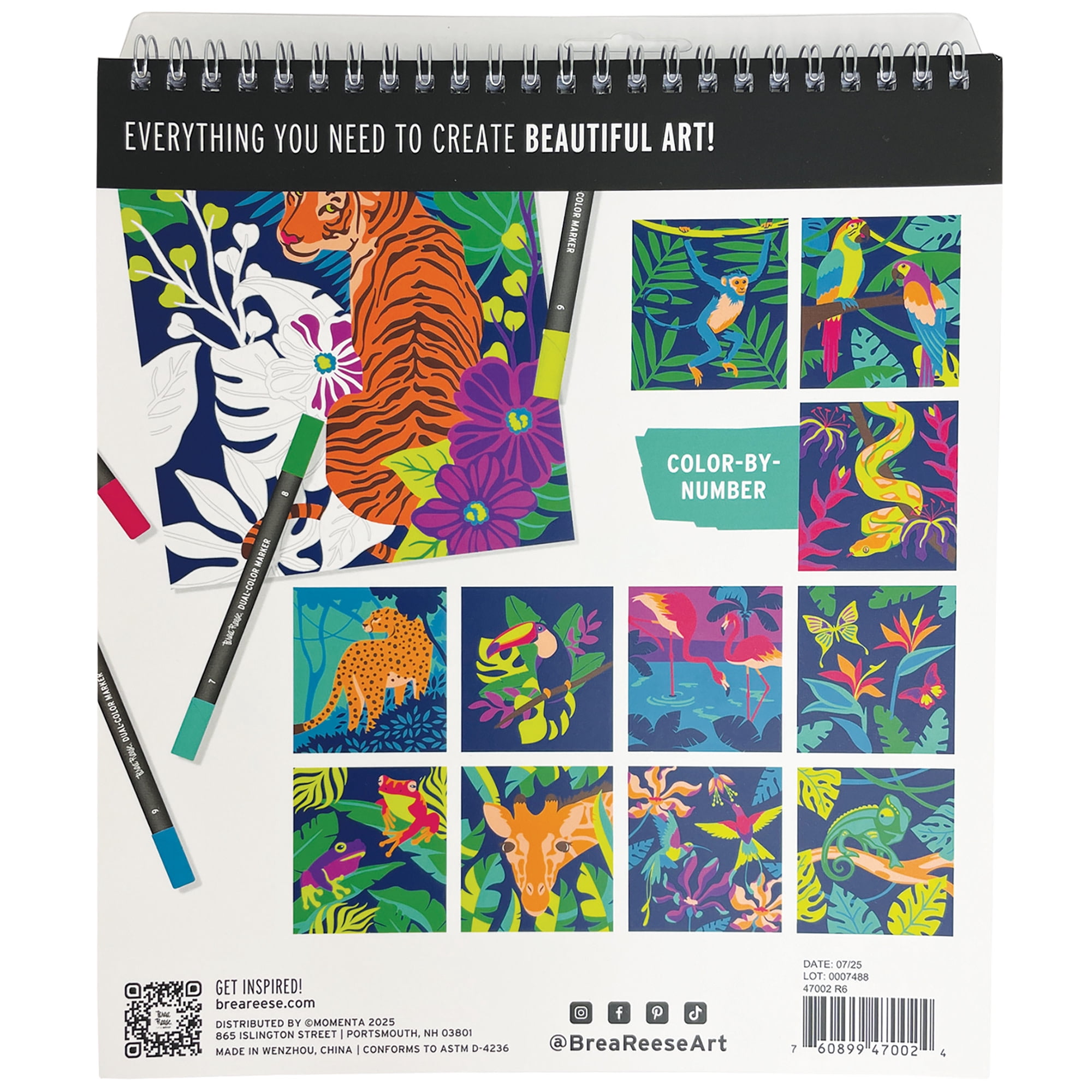 Brea Reese: Marker Color-by-Number Kit - Jungle Animals - 5 Dual-Tip Markers, 12 Nature Designs, Guided Art, 8.5 x 9.75" Pages, Adult Spiral Art Pad