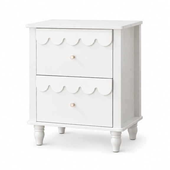 2-Drawer White Nightstand with Scalloped Edges, Modern Wooden Accent Table for Bedroom, Petal Pattern Bedside Storage Cabinet with Solid Wood Legs