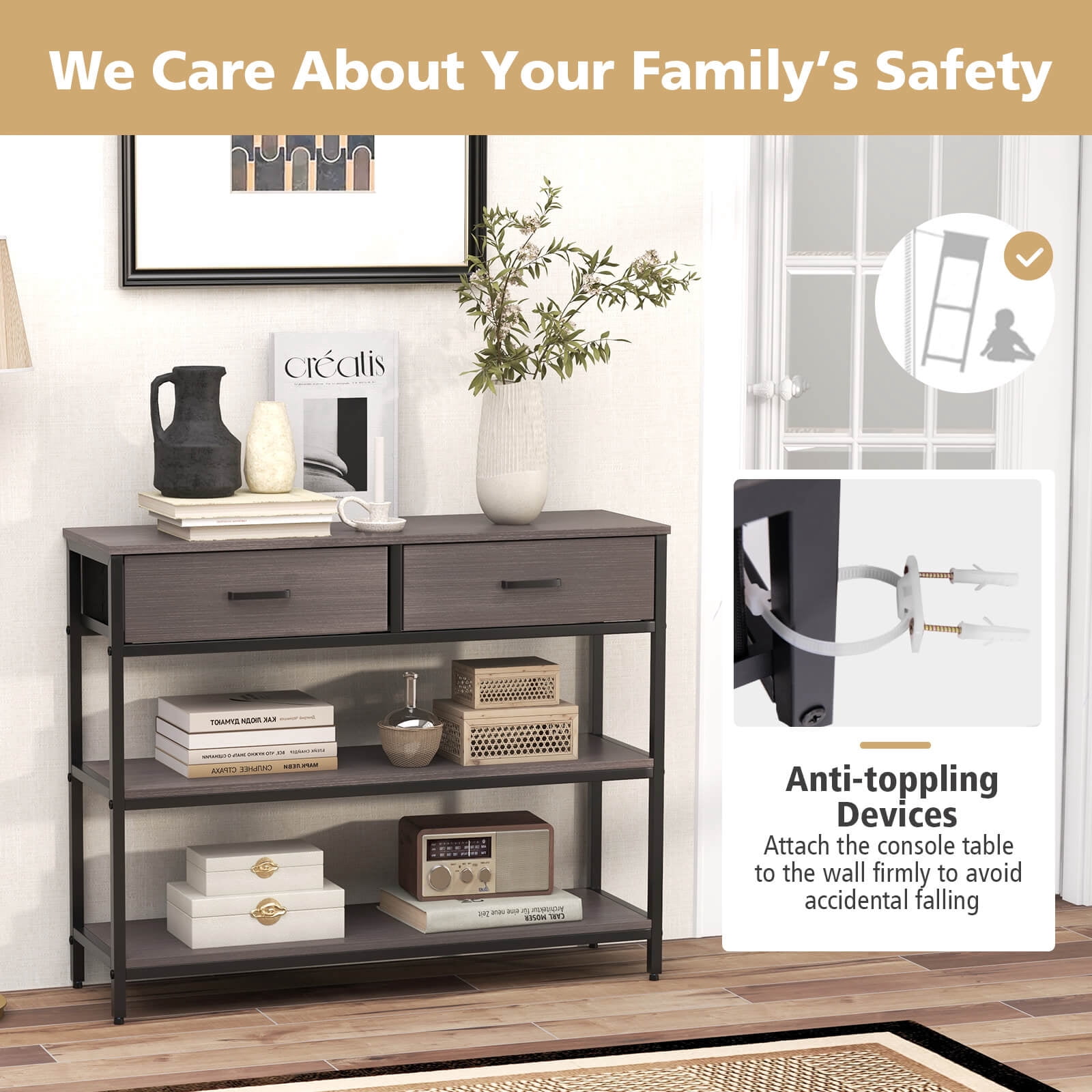 Costway Console Entryway Table Sofa Side Table with Folding Fabric Drawers for Living Room Gray