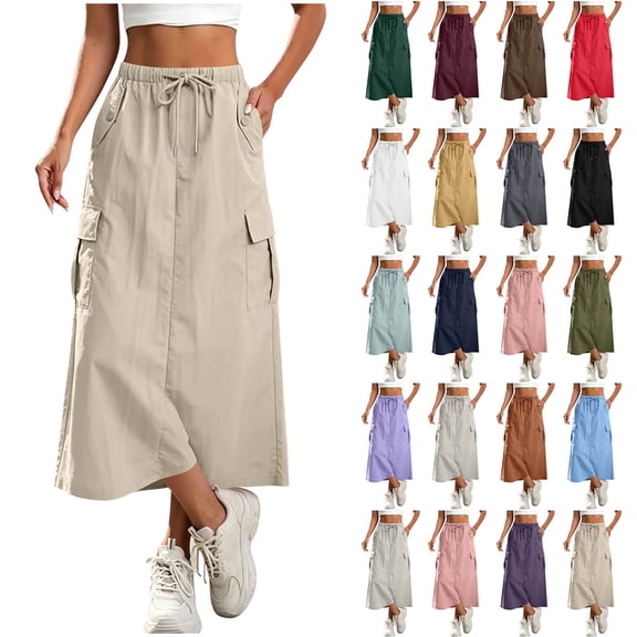 FchengtaiS Womens Cargo Skirt Drawstring High Waisted Quick Dry Maxi Skirt Summer Trendy A Line Long Skirts with Multi Pockets