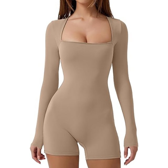 Women Yoga Rompers Unitard Jumpsuits Solid Color Long Sleeve Square Neck Tummy Control Bodycon Romper