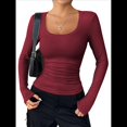 thumbnail image 2 of Camisas de Larga con Cuello Redondo para Mujer, Blusas Informales de Punto Acanalado de Corte Ajustado, Camisetas Básicas de Trabajo para Verano y Otoño. Vino Tinto M, 2 of 9