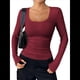 thumbnail image 2 of Camisas de Larga con Cuello Redondo para Mujer, Blusas Informales de Punto Acanalado de Corte Ajustado, Camisetas Básicas de Trabajo para Verano y Otoño. Vino Tinto XL, 2 of 9