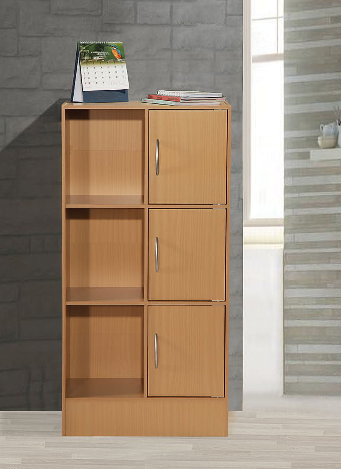 Hodedah Multipurpose Bookcase with 3-Doors 6-Shelves in Beech