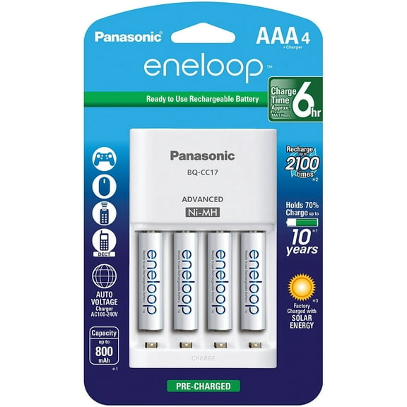 Panasonic K-KJ17M3A4BA Cell Battery Charger with eneloop AAA New 2100 Cycle Rechargeable Batteries, 4 Pack