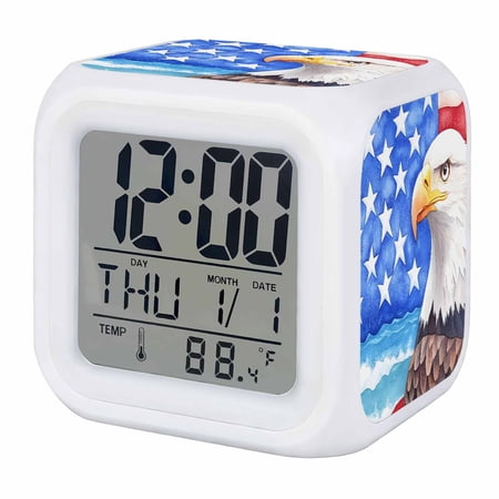 American Flag Digital Alarm Clock for Bedrooms,Smart LED Alarm Clock with 7 Color Changing Night Light,Country Eagle Independence Day Blue Red Silent Wake Up Clocks for Sleep Study Cooking 3.2x3.2