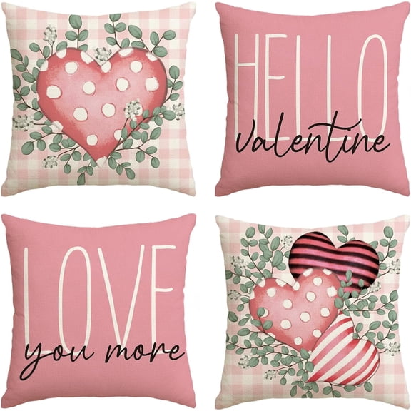 Hello Valentine Love You More Eucalyptus Leaves Pink Throw Pillow Covers, 20 x 20 Inch Buffalo Plaid Polka Dot Stripes Love Hearts Cushion Case Decoration for Sofa Couch Set of 4