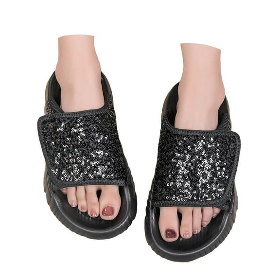 Sequin Slides Sandals for Women 2025 Sparkle Wide Width Open Toe Flat Slip on Platform Dressy Slippers