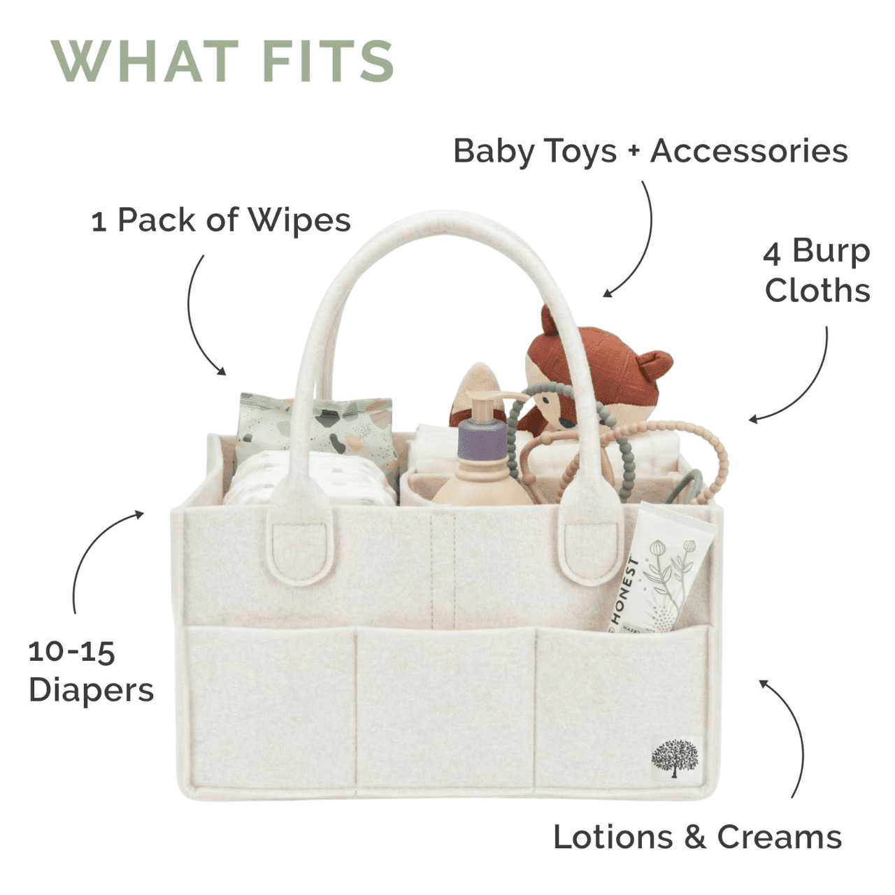 Parker Baby Felt Diaper Caddy Organizer, Portable Nursery Storage Bin with Handles, 3 Compartments & 8 Pockets, Baby Essentials Organizer, White